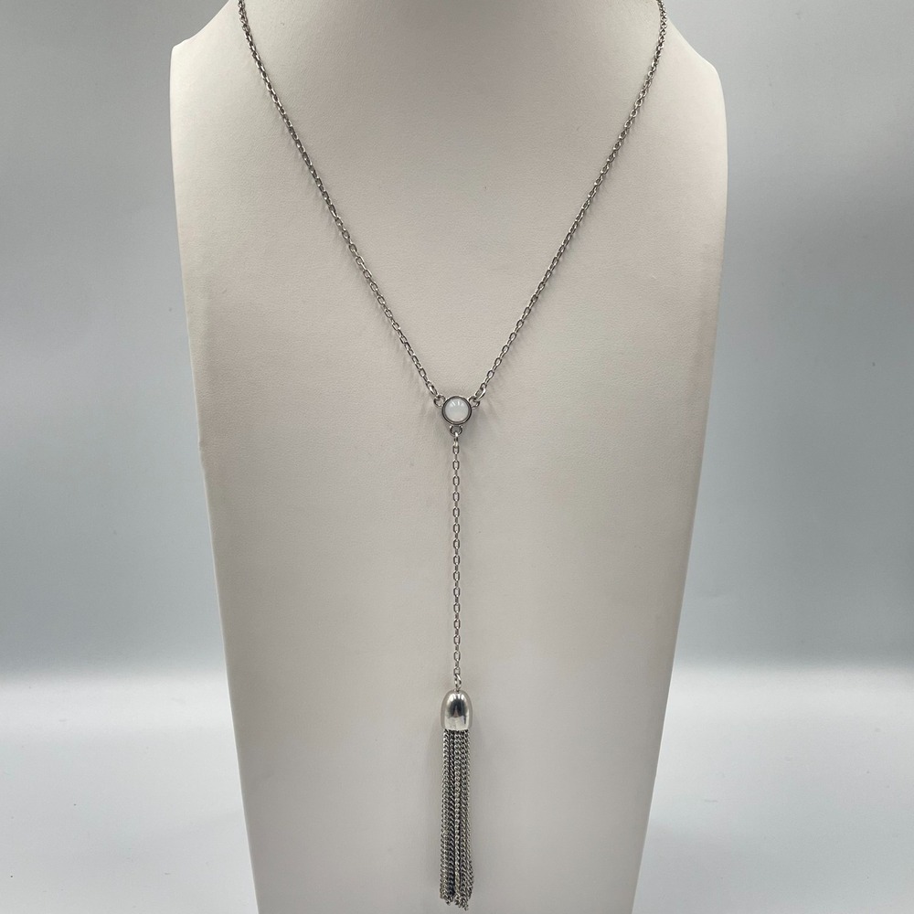 Vintage Y2K Silver Tone Faux Moonstone Cabochon Tassel Y-Necklace Lariat Classic